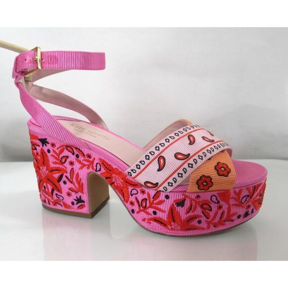 Kate Spade New York Rio Bandana Patchwork Platform Sandals Persimmon Size 9 - Picture 2 of 10